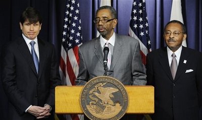 U. S Rep. Bobby Rush speaks after Illinois Gov. Rod Blagojevich announces his choice of former Ill. Attorney General Roland Burris, right, to fill President-elect Barack Obama's U.S. Senate seat Tuesday, Dec. 30, 2008 in Chicago.